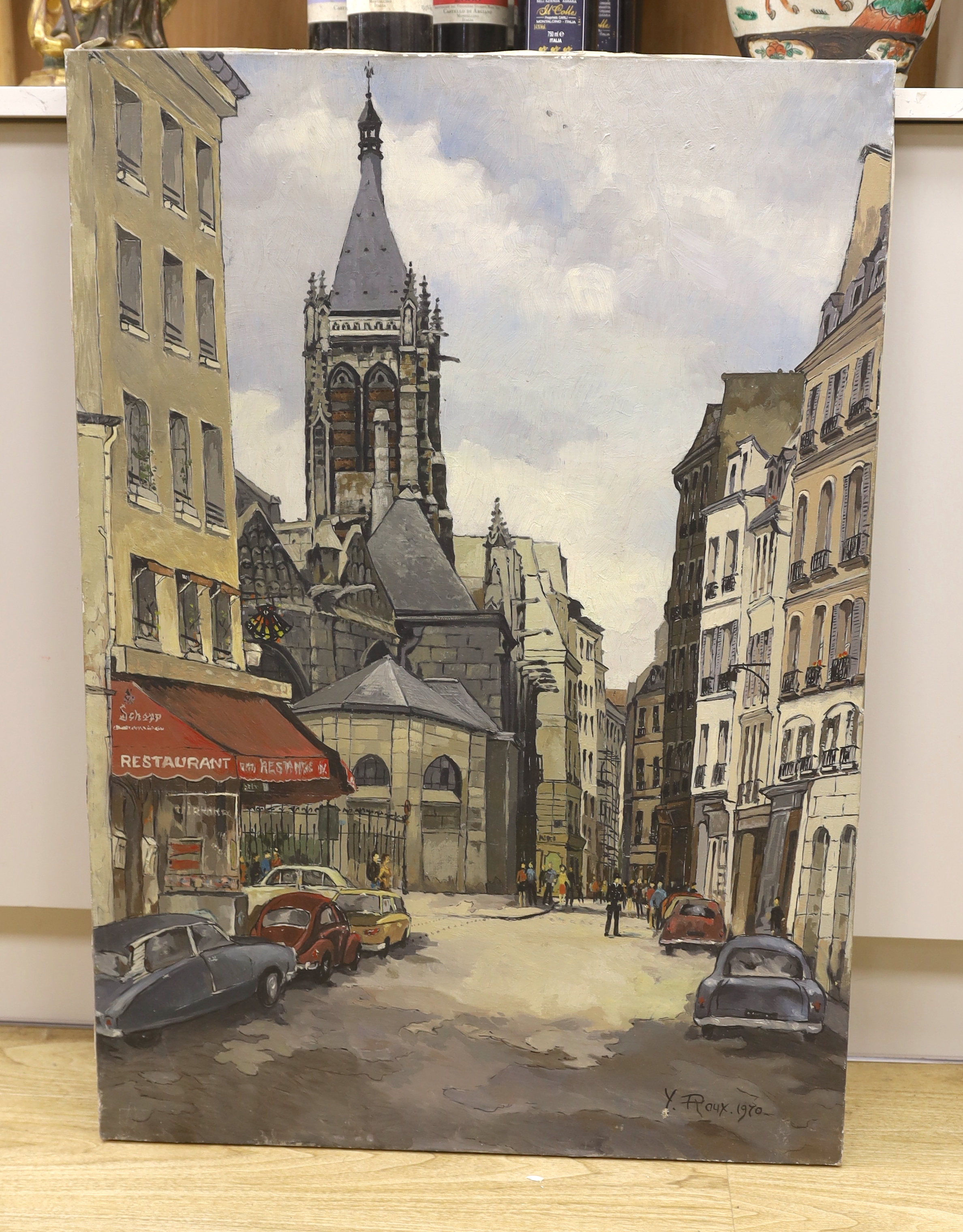 Y. Roux, oil on canvas, French street scene, signed and dated 1970, 92 x 65cm, unframed